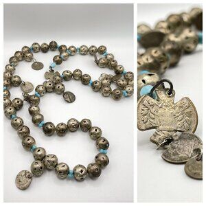Vtg Colonial Chachal Pierced Silver Beads Coins Necklace Blue Glass Beads